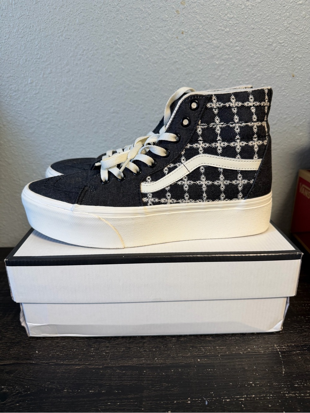 Vans Women’s Black & White High-Top Platform Sneakers with Star Grid